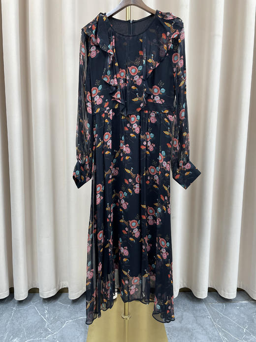 「断码清仓」黑色荷叶边长袖复古宫廷风真丝连衣裙 L码 ZFYY190 商品图1