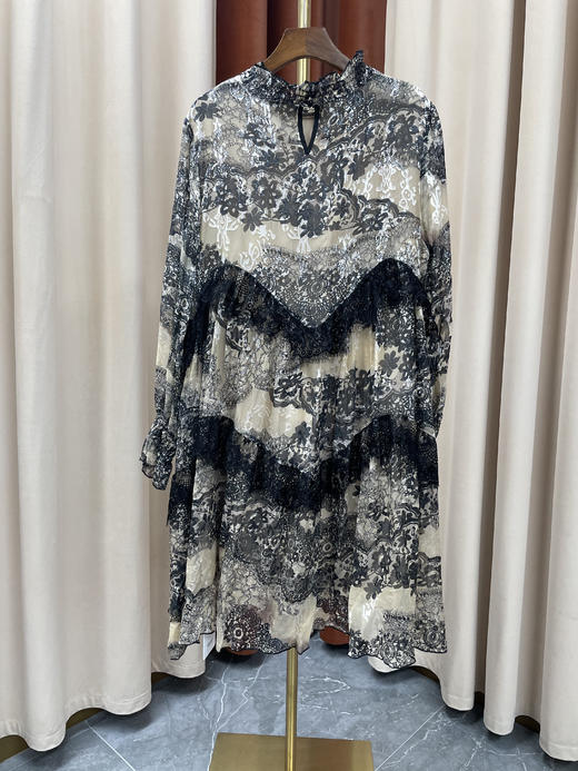 「断码清仓」黑白水墨印花真丝长袖连衣裙 XL码 ZFYY206 商品图3