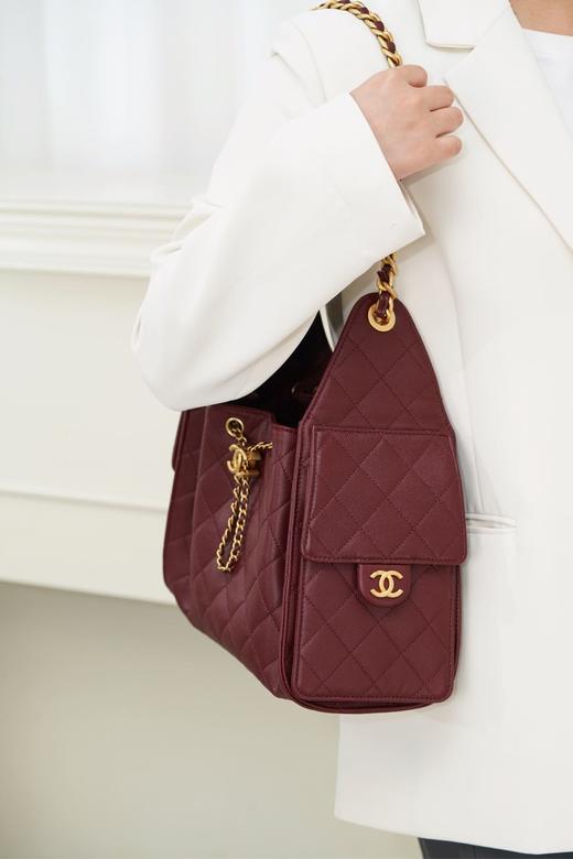 香奈儿25A 25BAG嬉皮购物包小号 酒红色 荔枝纹 （LZ） 商品图8