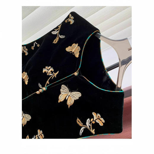 丁摩 新中式国风高端丝绒马甲女装秋季黑色宋锦拼接时尚上衣5ZF-8364 商品图1