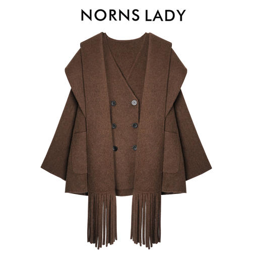 NORNS LADY诺恩 羊毛混纺V领毛呢大衣女复古围巾外套 T25WA37873 商品图1