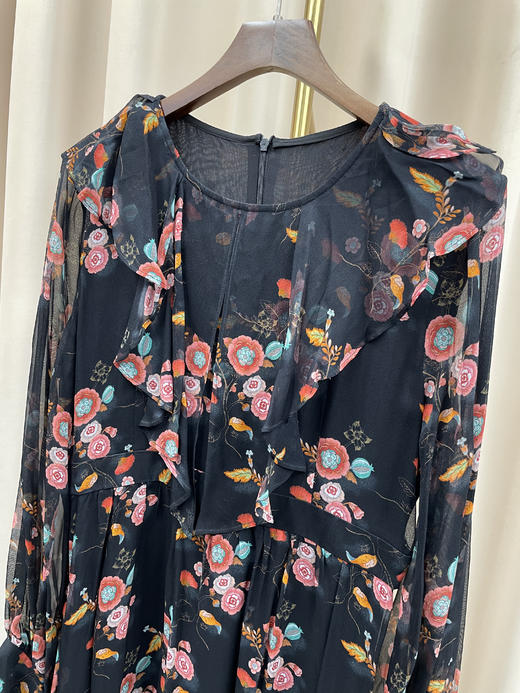 「断码清仓」黑色荷叶边长袖复古宫廷风真丝连衣裙 L码 ZFYY190 商品图2