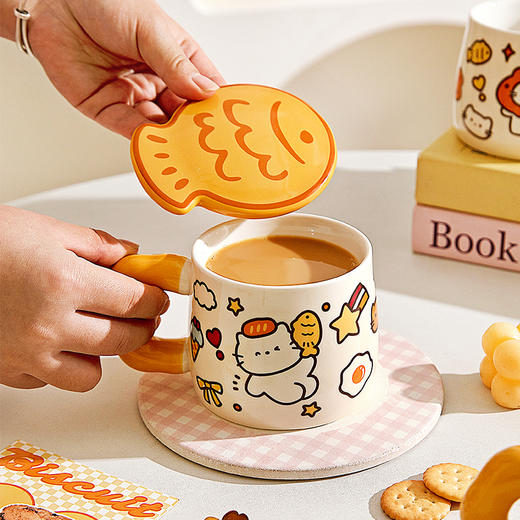 摩登主妇带盖马克杯陶瓷杯早餐杯办公室家用喝水杯冲泡杯咖啡杯子 商品图2