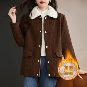 灯芯绒外套女冬季保暖加厚加绒羊羔绒翻领上衣宽松大码女装胖mm