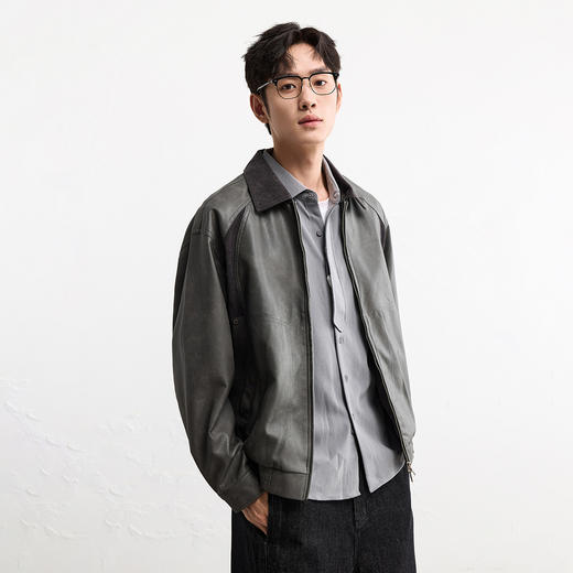 GXG男装25秋季时尚撞色领口简约百搭日常通勤男式翻领PU夹克K&C 商品图1
