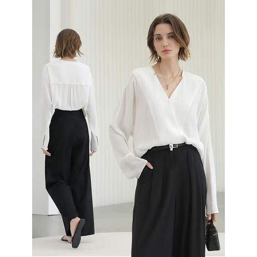 COCOBELLA静奢风工艺条纹微透视人丝衬衫女通勤V领衬衣SR3086 商品图2