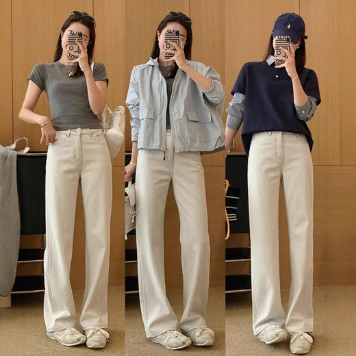 丁摩 双生灰白牛！经纬双染四面弹窄版阔腿裤春秋季直筒牛仔裤女5ZF-0112 商品图3