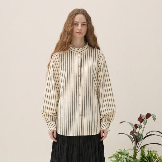 谜底条纹衬衫长袖2026春季新品优雅浪漫全棉廓形衬衣女265MC5023 商品图0