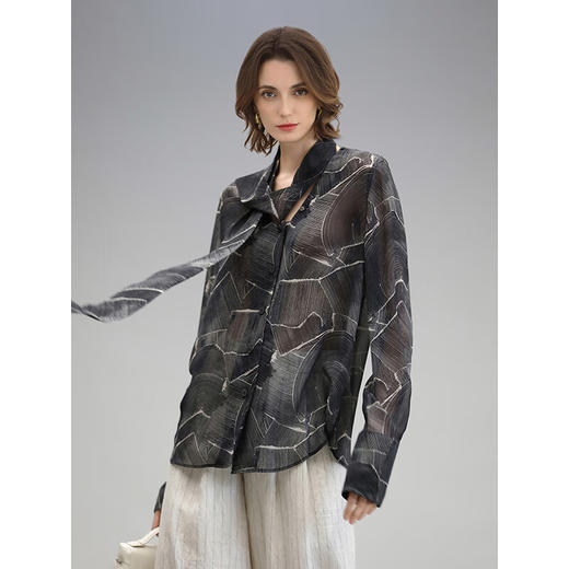 COCOBELLA大理石纹印花飘带长袖衬衫女早秋仿真丝通勤衬衣SR0056 商品图1