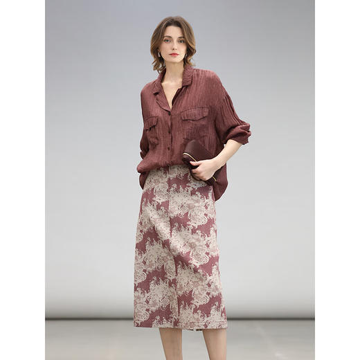 COCOBELLA色织撞色提花质感棉麻半身裙女早秋遮胯通勤长裙HS3032 商品图3