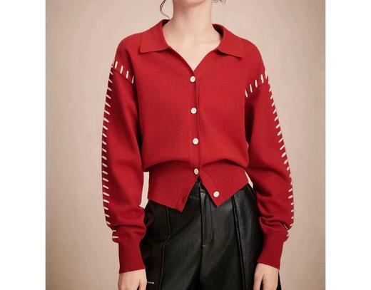 D121586法式红色设计感翻领针织开衫女2025新款新年软糯毛衣上衣 商品图9