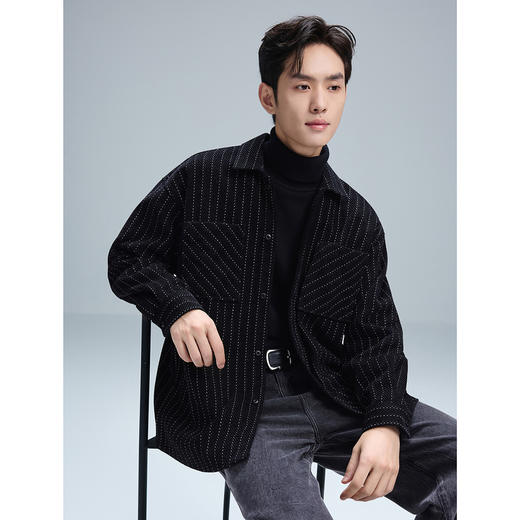 GXG男装【立体贴袋】25秋季时尚撞色条纹通勤男式翻领休闲夹克K&C 商品图3