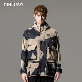 PINLI品立2025秋季新品工装印花多口袋夹克外套潮男连帽休闲茄克B252104052