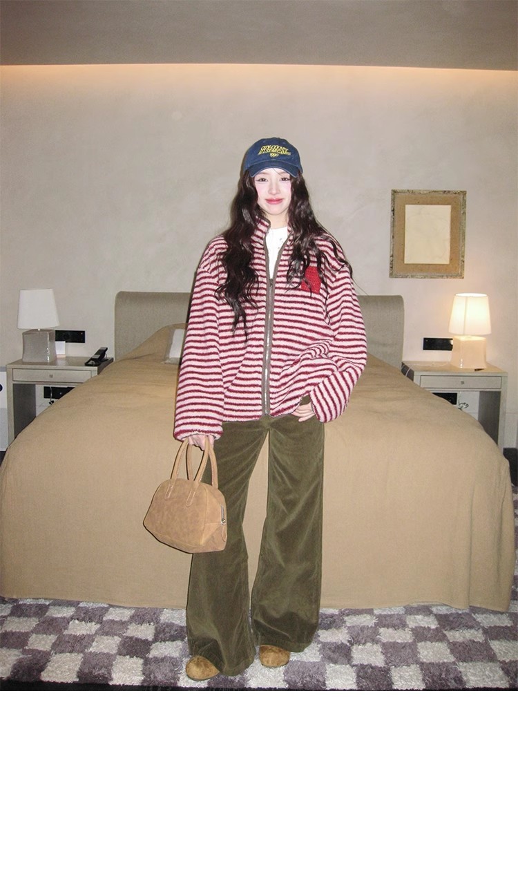 复古红色条纹宽松立领羊羔毛厚外套