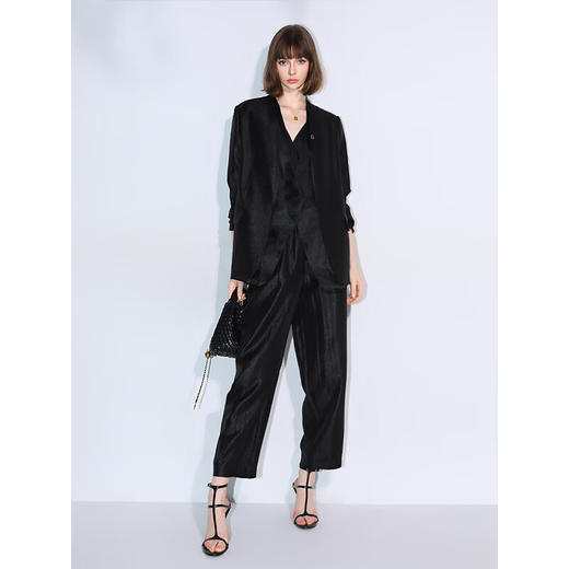 COCOBELLA职场通勤廓形气质黑色西裤女珠光人丝烟管裤PA547B 商品图0