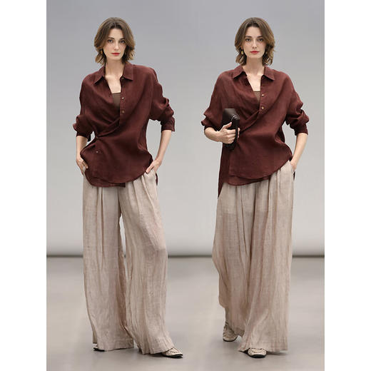 COCOBELLA古法染色100%苎麻衬衫女气质波尔多酒红衬衣SR0058 商品图1