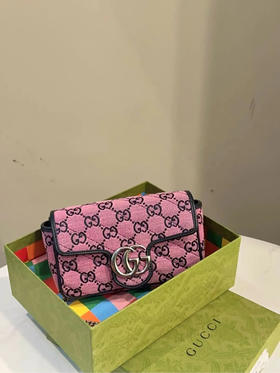 GUCCI 双g 马蒙 粉色 老花 帆布 mini  斜挎包