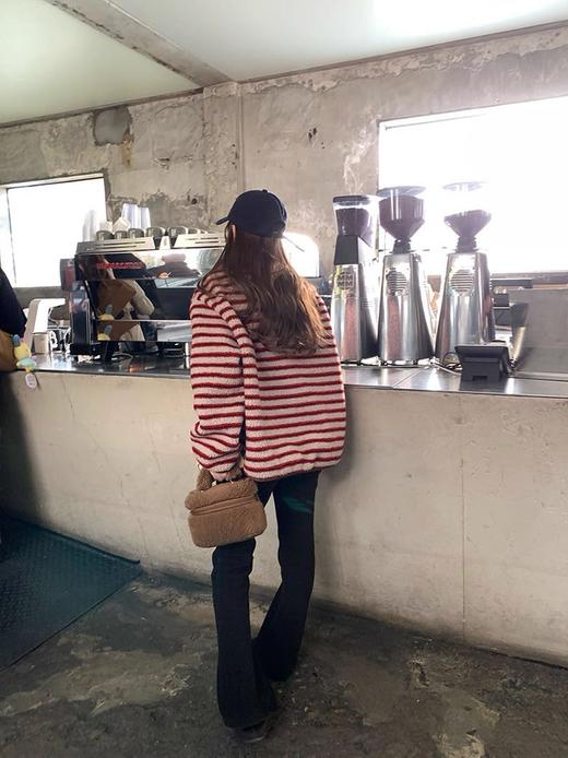 复古红色条纹宽松立领羊羔毛厚外套 商品图2