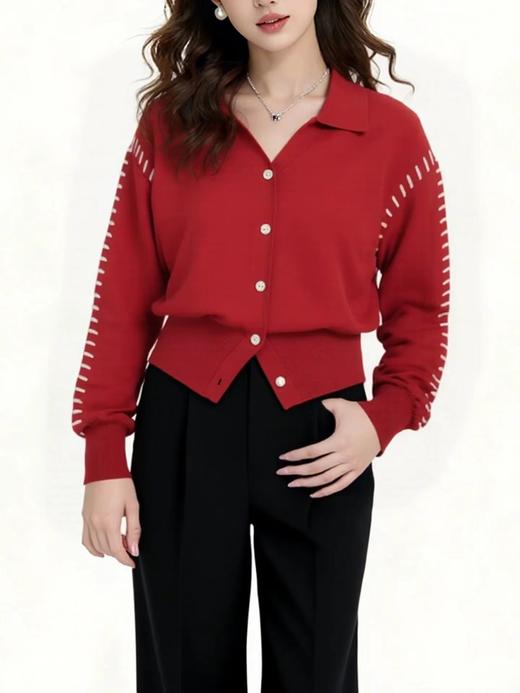 D121586法式红色设计感翻领针织开衫女2025新款新年软糯毛衣上衣 商品图4