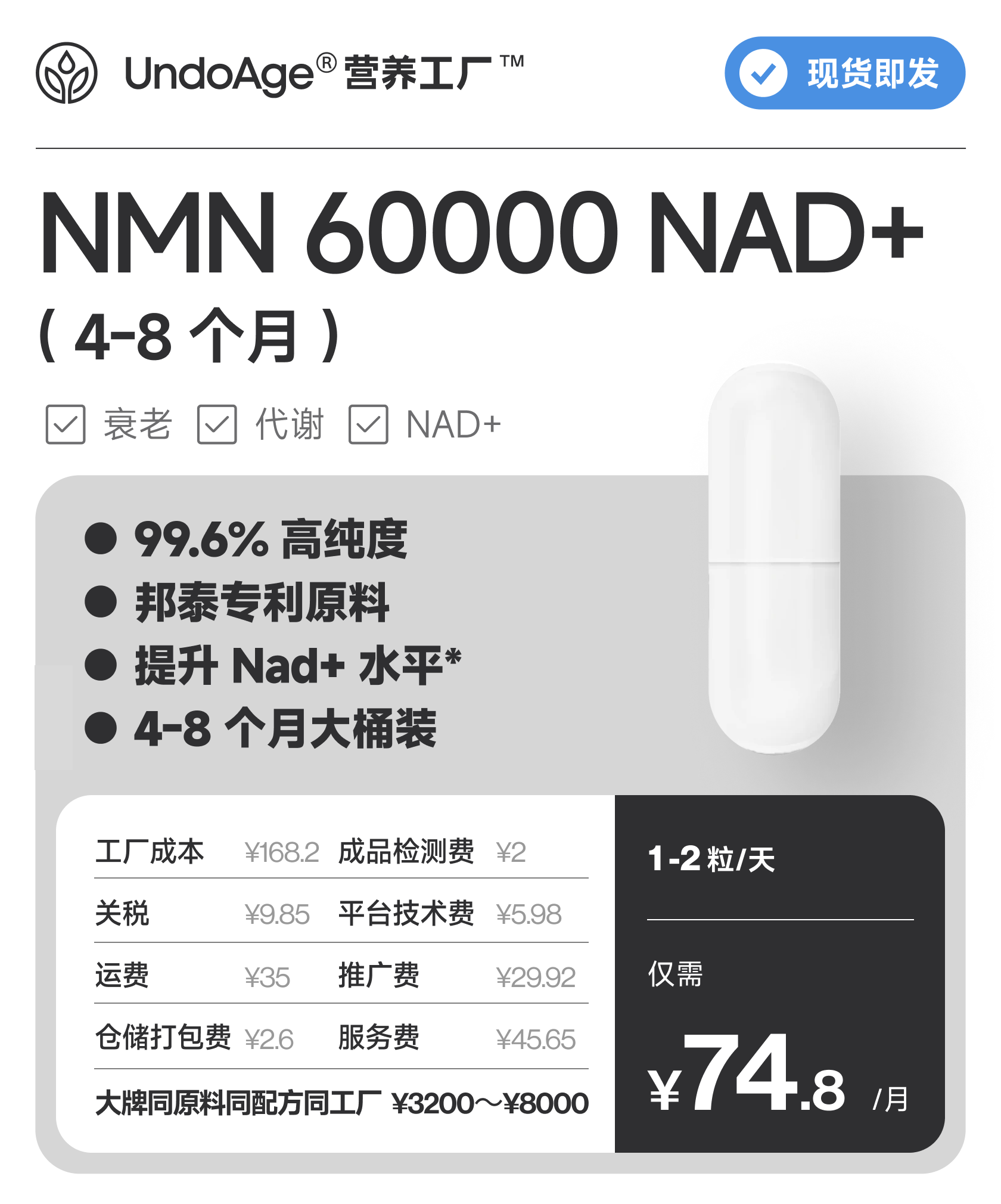 NMN 60000 NAD+ 4 个月｜99.6% 高纯度 提升 NAD+ 关于衰老 240 粒 邦泰专利原料｜已售 12,630,000+ 粒【现货即发】