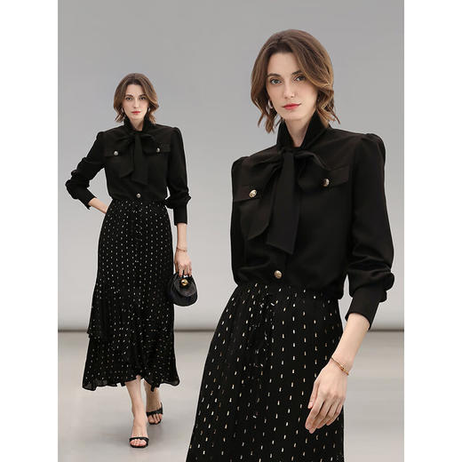 COCOBELLA优雅气质蝴蝶结飘带衬衫女秋冬干练通勤长袖衬衣SR52 商品图3