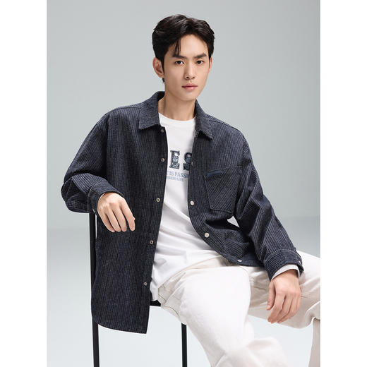 GXG男装【含莱赛尔】25秋季复古条纹肌理日常通勤男式翻领夹克K&C 商品图3