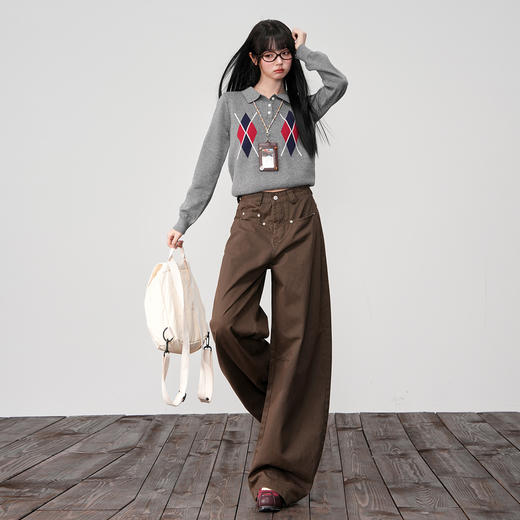 【加绒加厚】罗蒙女士牛仔裤秋冬款阔腿可可色美拉德风时尚长裤子 商品图2