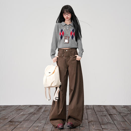 【加绒加厚】罗蒙女士牛仔裤秋冬款阔腿可可色美拉德风时尚长裤子 商品图1