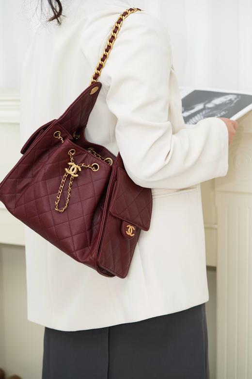 香奈儿25A 25BAG嬉皮购物包小号 酒红色 荔枝纹 （LZ） 商品图6