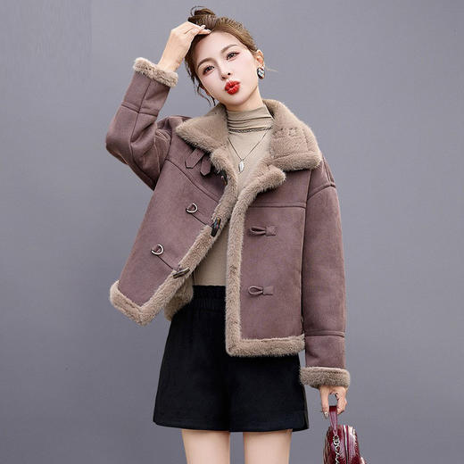 丁摩皮毛一体羊羔毛厚外套女冬2025新款小个子短款仿鹿皮绒机车服上衣ALW9937 0 商品图0