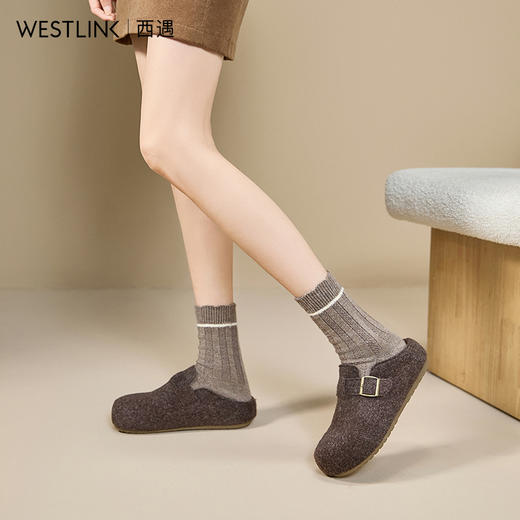 西遇保暖内增高毛毛勃肯鞋女冬季外穿厚底半拖一脚蹬穆勒鞋子V0057364 商品图3