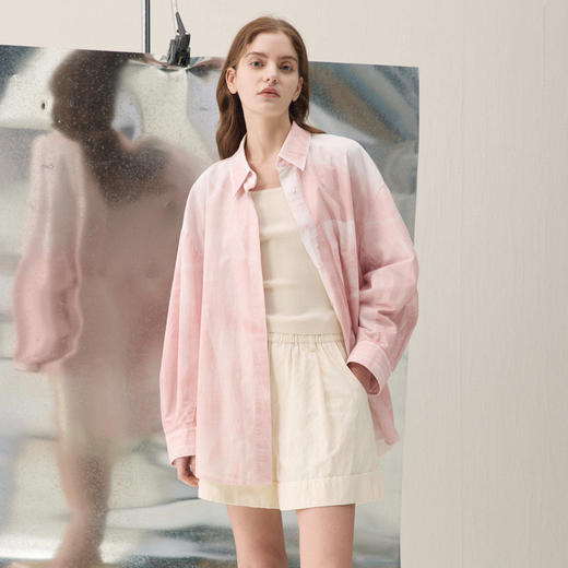 谜底大廓形衬衣长袖2026年春季新品原创蓝晒印花衬衫女261MC0237 商品图0