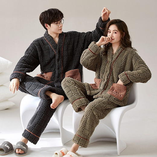 丁摩 情侣睡衣秋冬季珊瑚绒男女加绒加厚法兰绒冬款开衫家居服套装5ZF-61083 商品图1