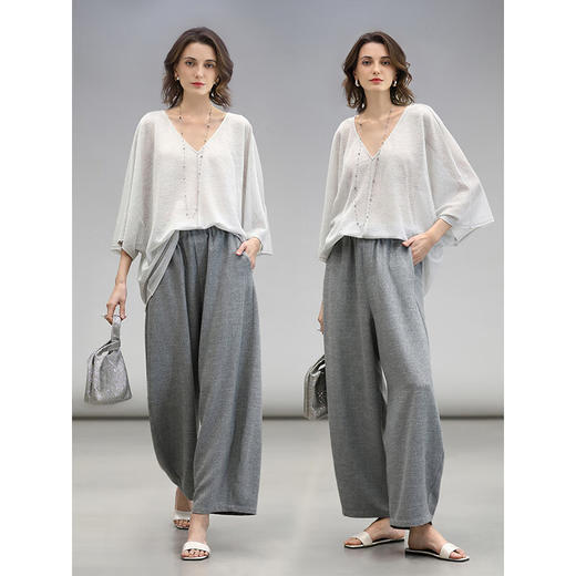 COCOBELLA细闪银葱针织衫女夏宽松遮阳T恤慵懒风V领罩衫TS3196 商品图0