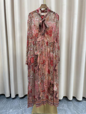 「断码清仓」复古印花飘带领长袖真丝大摆裙（带吊带） L码 ZFYY182