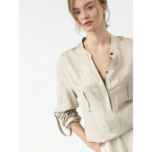 COCOBELLA雅痞风亨利领人丝衬衫女秋气质休闲通勤长袖衬衣SR7076 商品图1