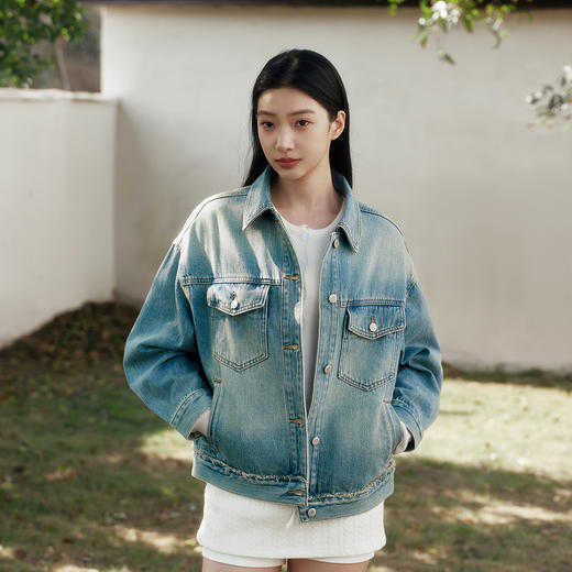 森柔|森马牛仔外套女春季翻领做旧宽松落肩衣服美式街头甜酷夹克 商品图2