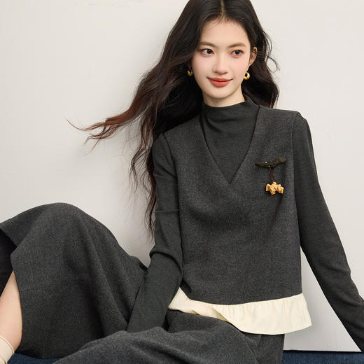 【12/17新品】熙世界格雷miu系灰色毛呢套装女秋冬八分阔腿裤无袖V领马甲两件套 商品图4