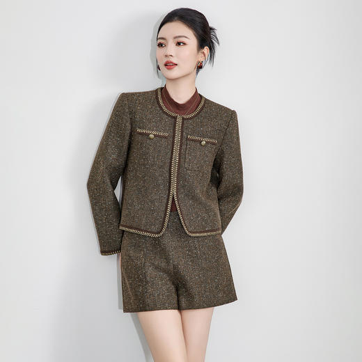 「高货wl」全新升级【铂金会员413/天猫559/差价146】(99031)洛诗琳2025秋冬金线人字纹羊毛呢外套高腰阔腿短裤两件套 商品图0