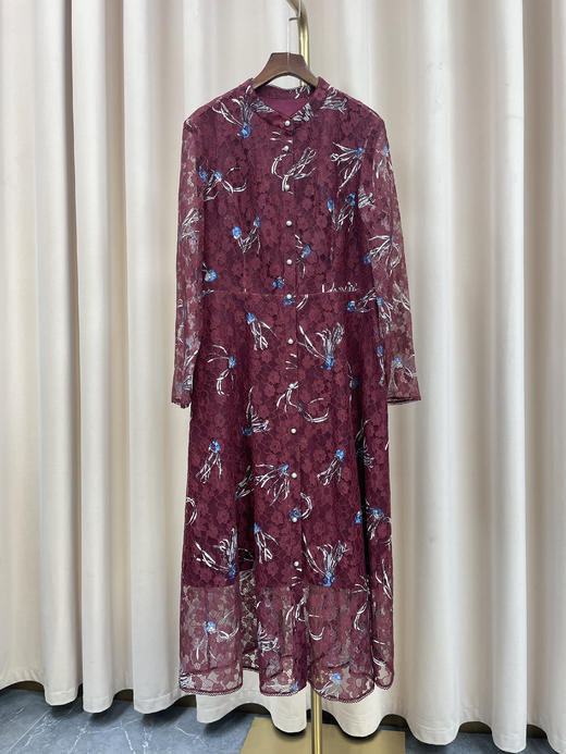 「断码清仓」法式酒红优雅立领长袖收腰蕾丝镂空裙 L码 ZFYY192 商品图0