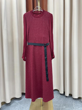 「断码清仓」酒红立领长袖系带针织亮丝打底裙 L码 ZFYY197