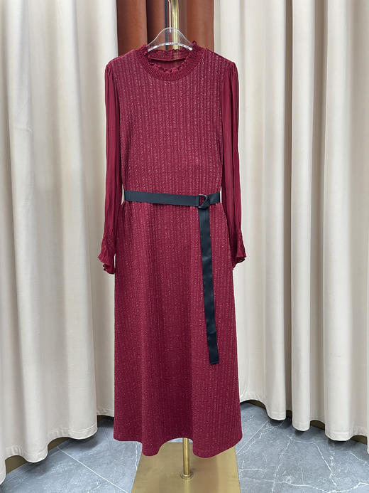 「断码清仓」酒红立领长袖系带针织亮丝打底裙 L码 ZFYY197 商品图0