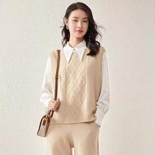 丁摩 纯羊毛针织马甲秋冬新款女士时尚圆领无袖坎肩短款麻花上衣5ZF-12153 商品图2