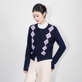 「高货wl」全新升级【铂金会员192/天猫259/差价67】(04518)洛诗琳气质菱格提花毛衣2025秋冬百搭通勤羊毛针织开衫女