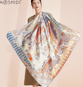 丝绸方巾-宋潮春晓方巾-橘色-大号