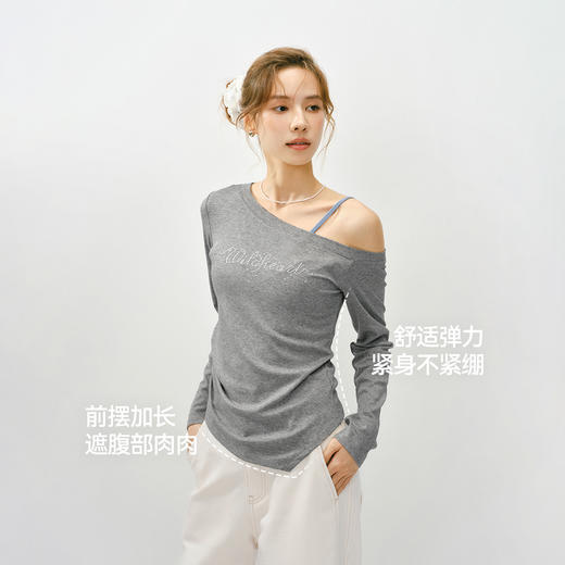 森马长袖T恤女春短款斜肩露肩字母紧身2026新款小性感设计感上衣 商品图4