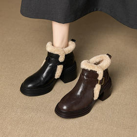 【预售5天】7.5cm 羊羔毛真皮厚底粗跟加绒短靴新款防滑保暖高跟马丁靴j60-1