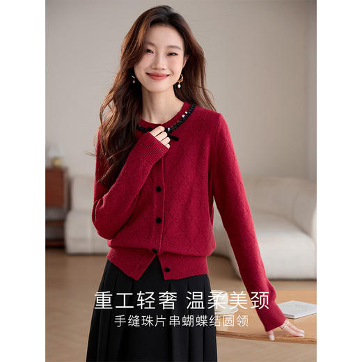 【年终特卖】熙世界知性优雅灰色毛衣开衫秋冬新款气质蝴蝶结圆领针织短外套 商品图1