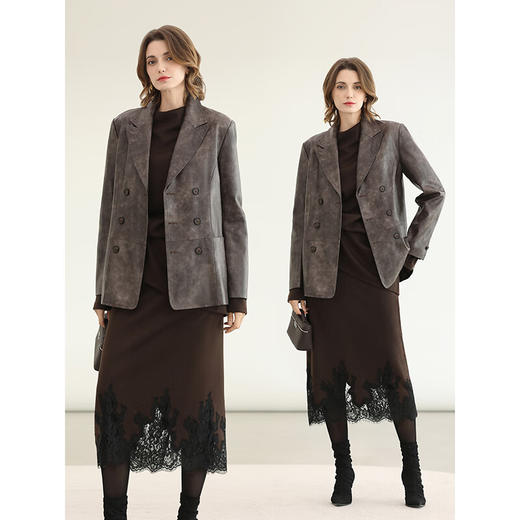 COCOBELLA复古双排扣PU西装手工擦色时尚环保皮衣夹克外套PU3099 商品图1