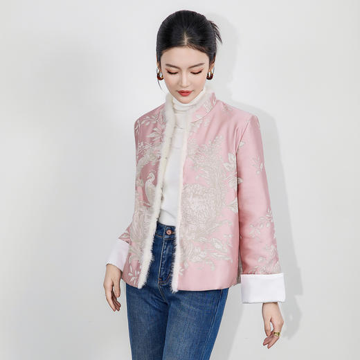 「高货wl」全新升级【铂金会员422/天猫569/差价147】(05147)洛诗琳夹棉提花缎水貂毛拼接外套2025冬季气质国风棉衣女 商品图0